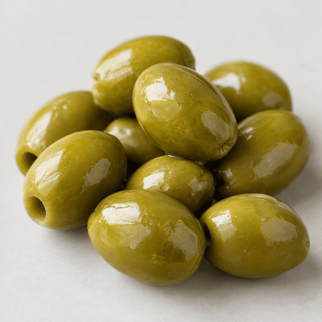 Several whole green olives with smooth, glossy skin, oval shapes, and subtle dimples are arranged together on a plain surface.