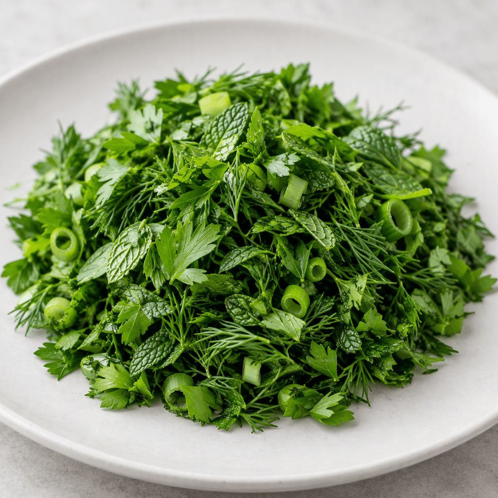 A loose mound of finely chopped fresh green herbs, with feathery dill, flat parsley leaves, tender mint leaves and thin green onion slices, served on a plain plate.