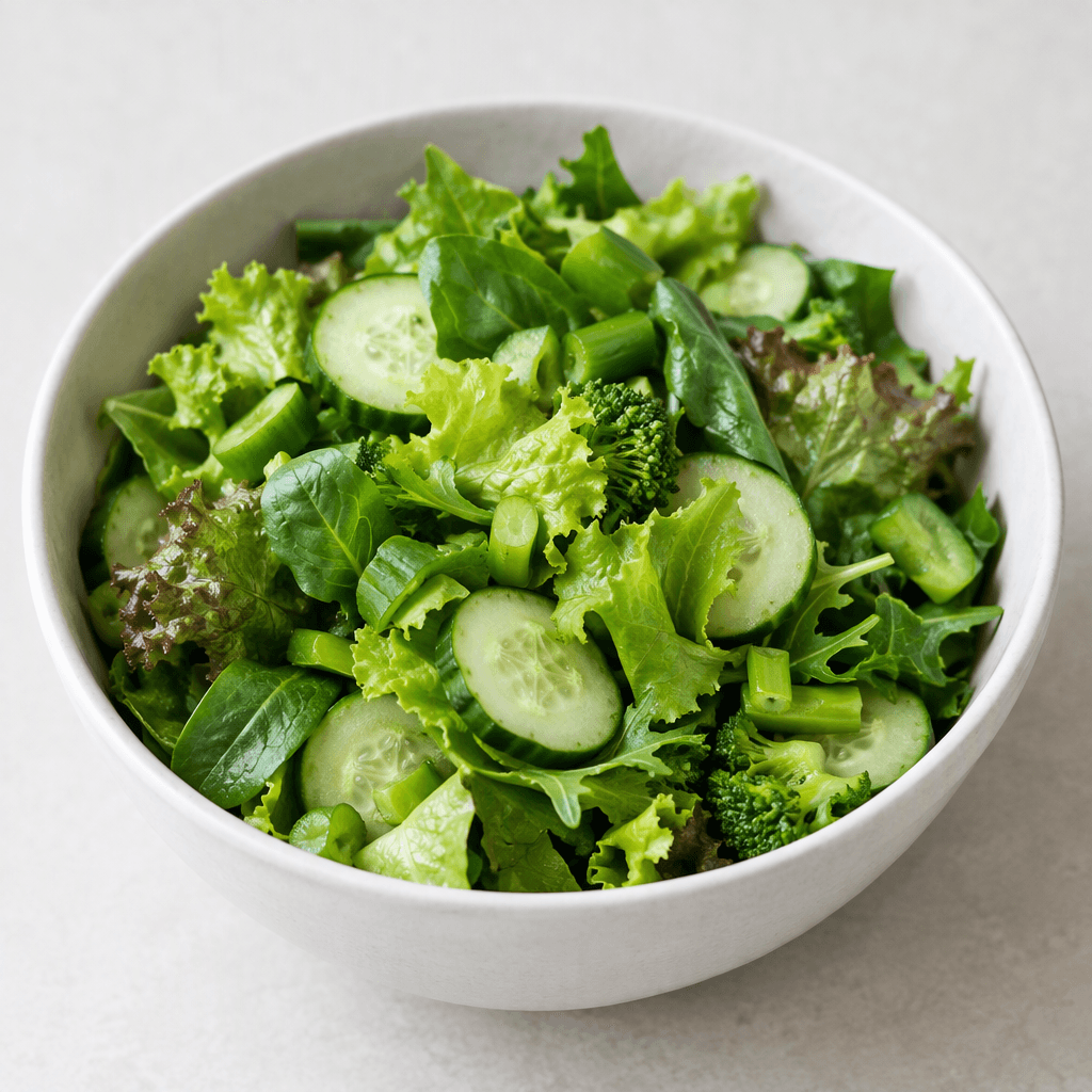 A fresh salad of assorted leafy greens with crisp cucumber slices and small pieces of green vegetables, loosely piled in a plain bowl with a dry, matte appearance and no visible dressing.