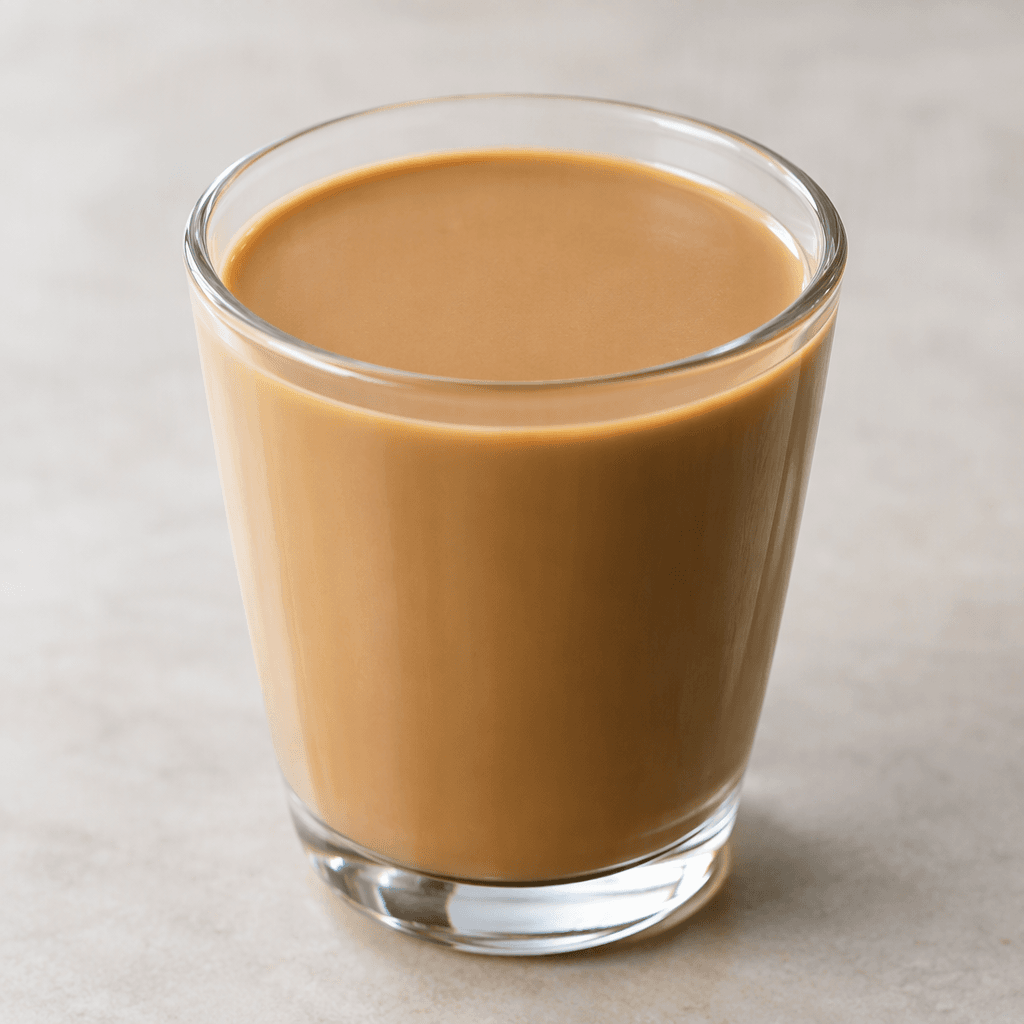 An opaque, smooth light-brown coffee drink is served in a clear glass, with an even surface and no visible garnish.