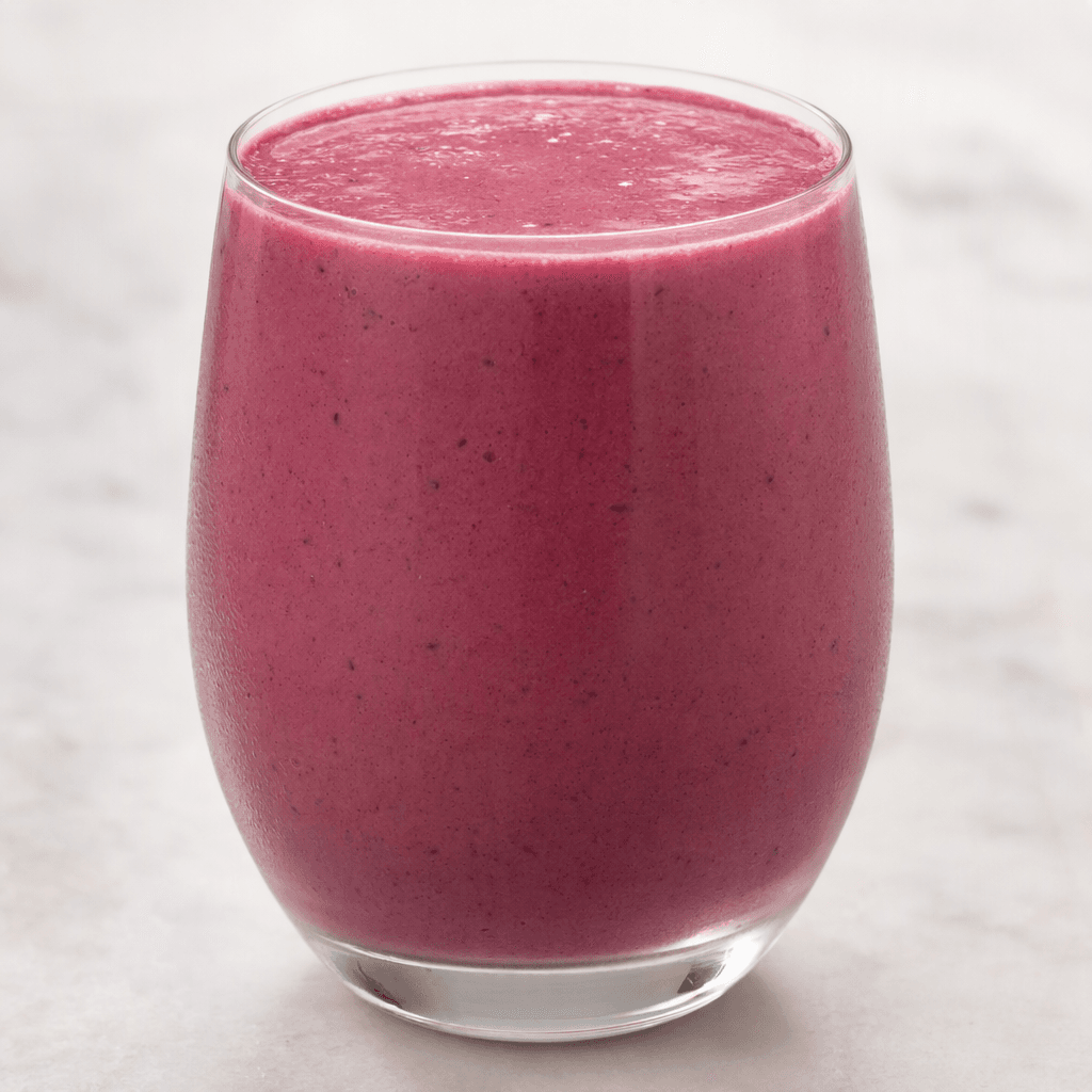 A smooth, opaque pink-purple berry drink with a creamy consistency, poured into a clear glass.