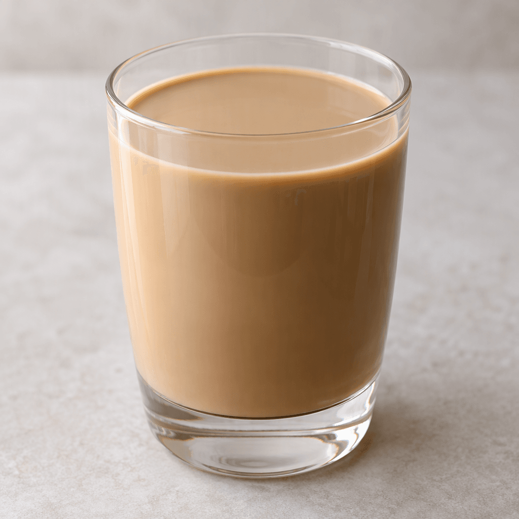 An opaque, smooth, pale coffee-brown drink sits in a clear glass, with an even surface and no visible layers or toppings.