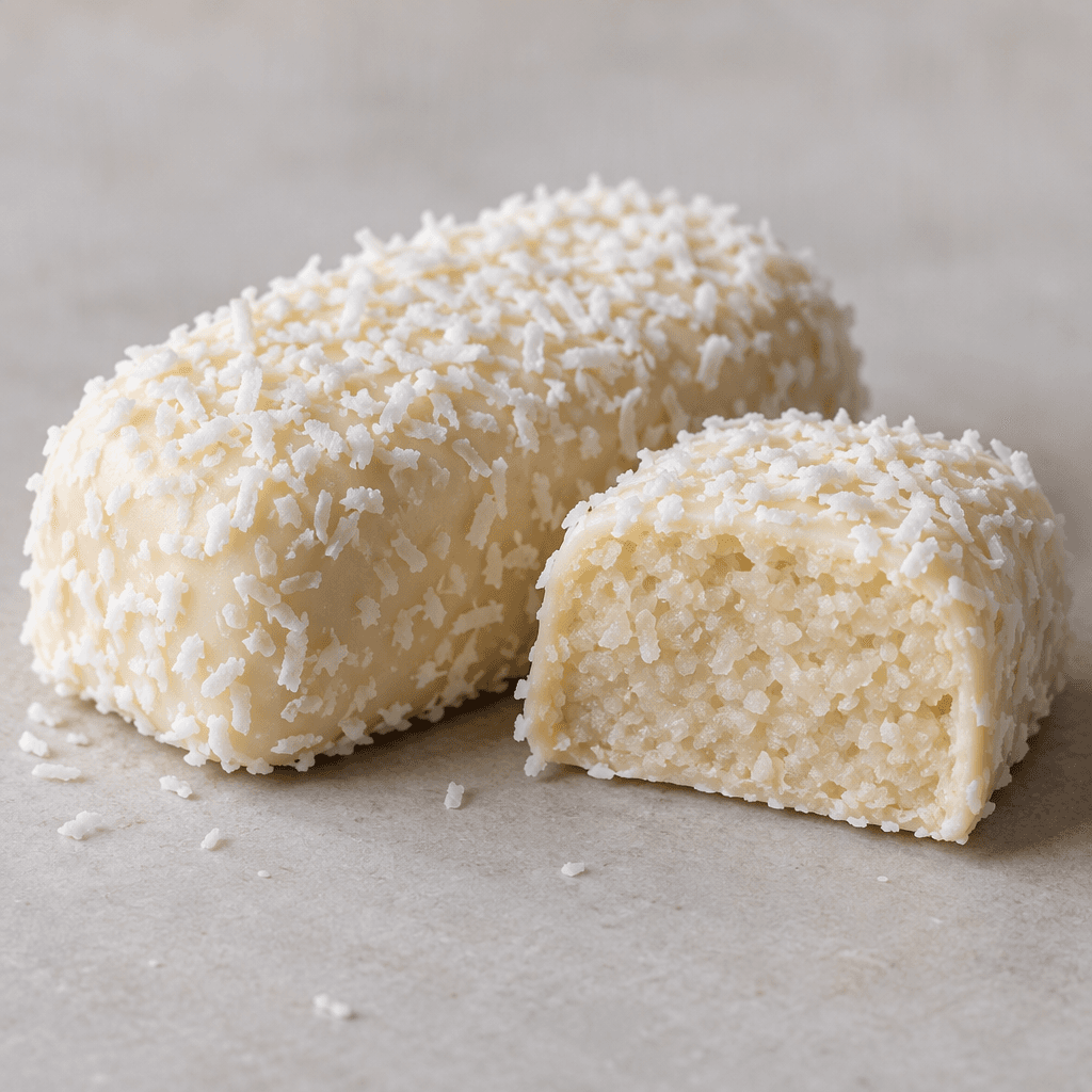 A compact rectangular bar with rounded edges, covered in a pale ivory coating and dotted with fine white coconut flakes, shown whole beside a cut piece with a dense, slightly textured interior.
