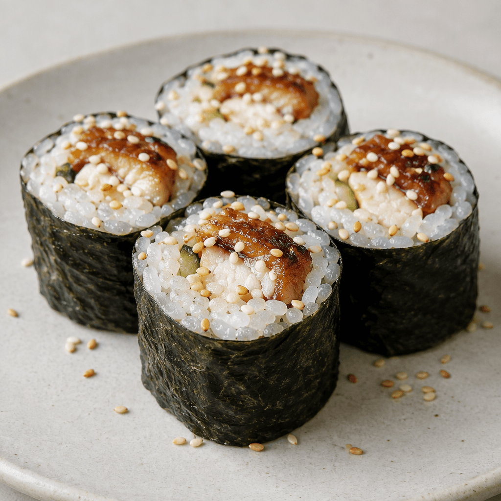 Dilimlenmiş sushi parçalarının çevresinde beyaz pirinç ve koyu yeşil nori, ortasında açık renkli iç malzeme, üstünde parlak kahverengi yılan balığı şeritleri ve susam taneleri görülür; parçalar bir tabakta yan yana dizilidir.