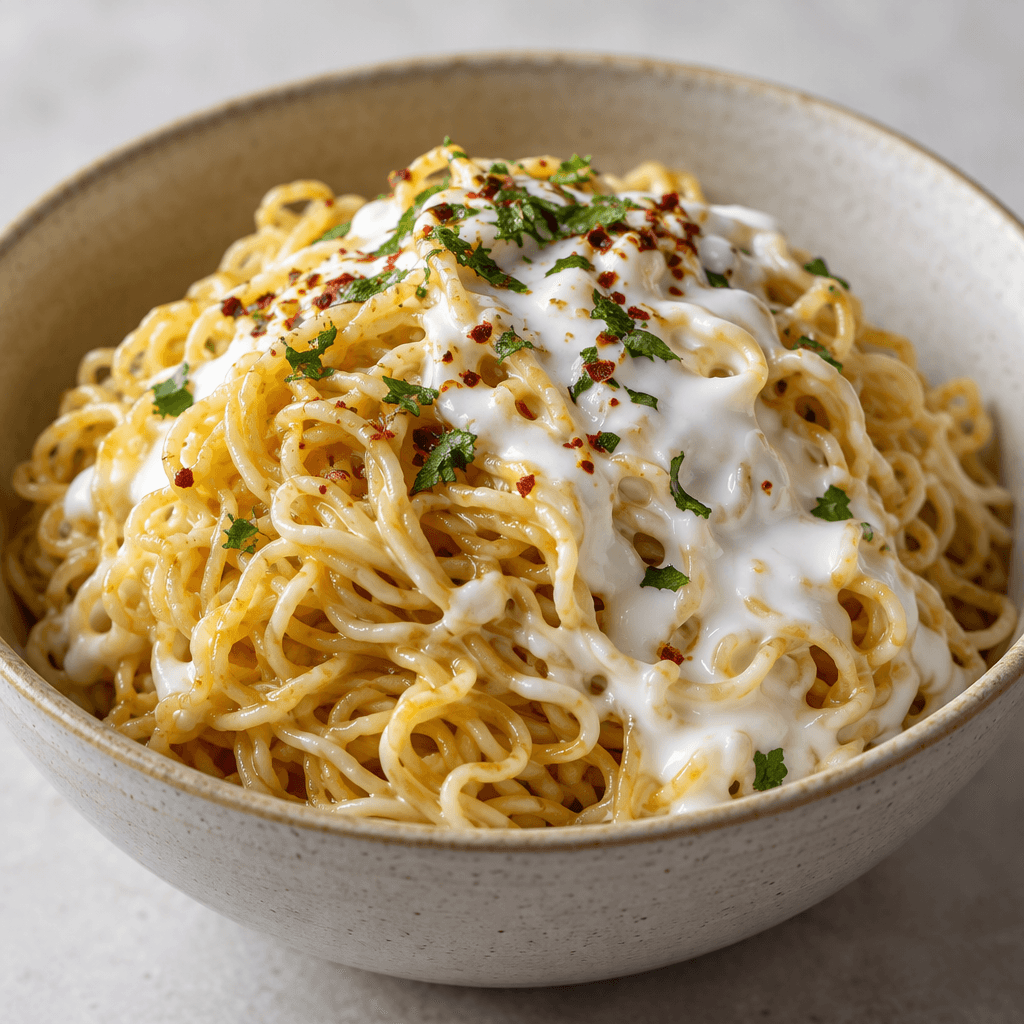 A mound of thin, curly golden noodles sits in a bowl, partly covered with thick white yogurt that clings to the strands.