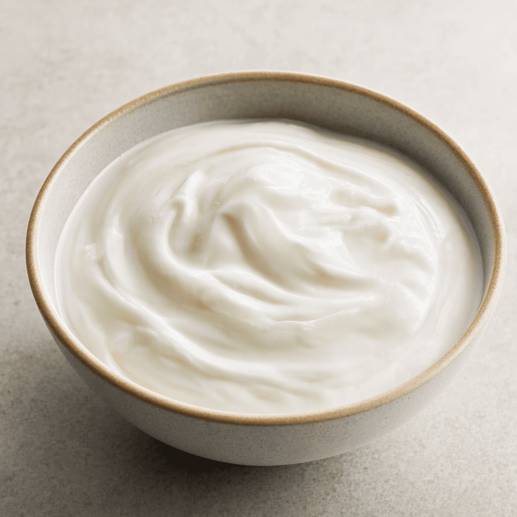 A smooth, thick white yogurt with a creamy, slightly glossy surface, served in a simple bowl.