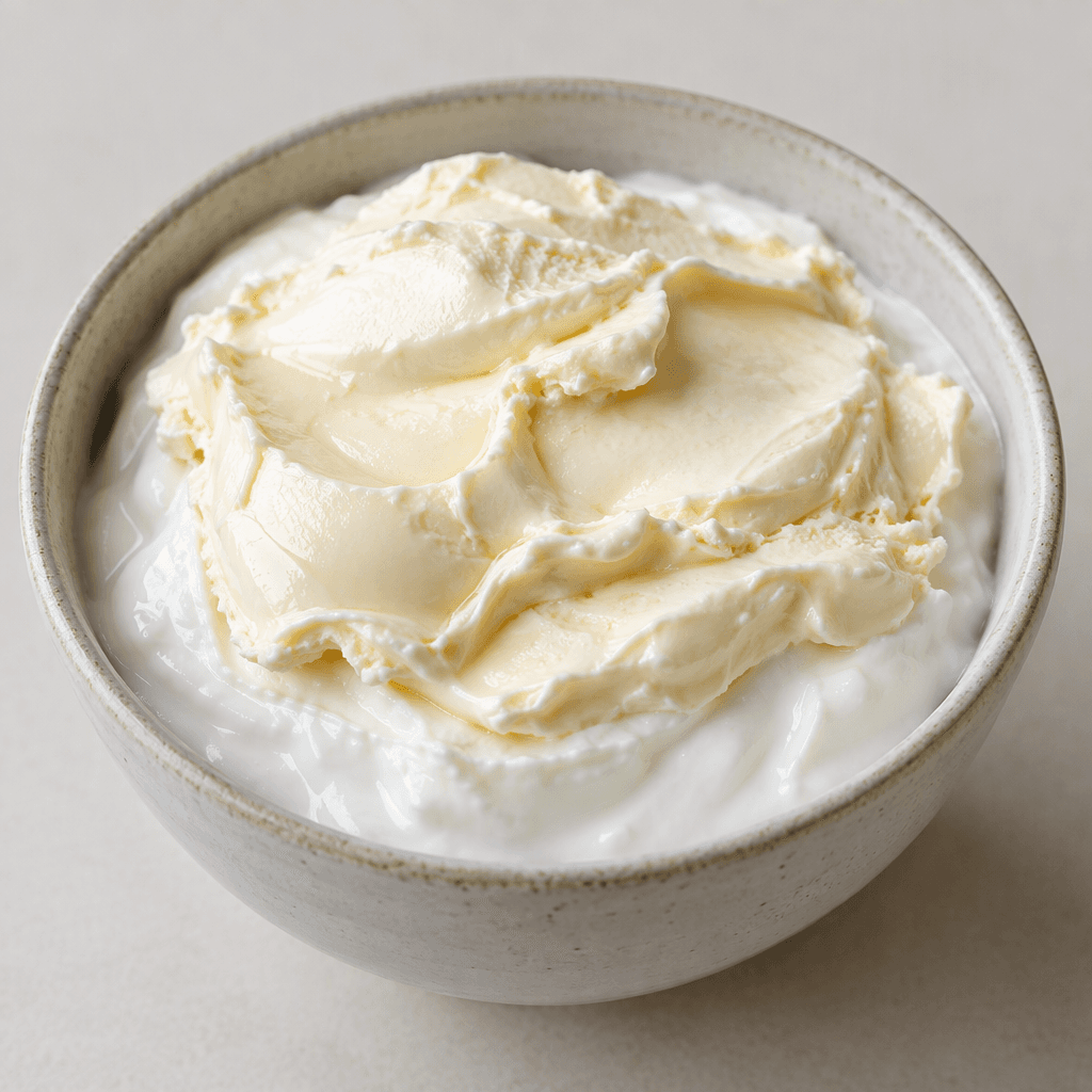 A bowl holds thick, smooth white yogurt topped with a glossy ivory layer of clotted cream, forming soft uneven folds across the surface.