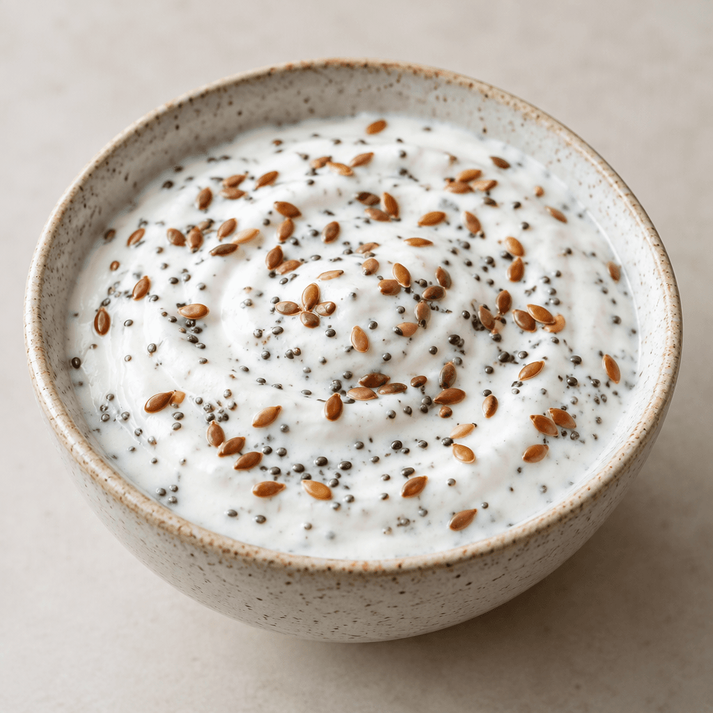 Thick, smooth white yogurt is served in a small bowl, visibly speckled with tiny black chia seeds and scattered golden-brown flax seeds across the surface.