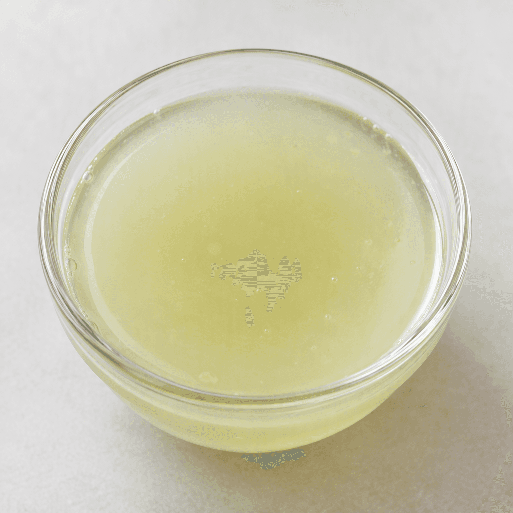A thin, translucent pale yellow-green liquid with a slightly cloudy appearance and watery texture, shown in a clear glass or bowl.
