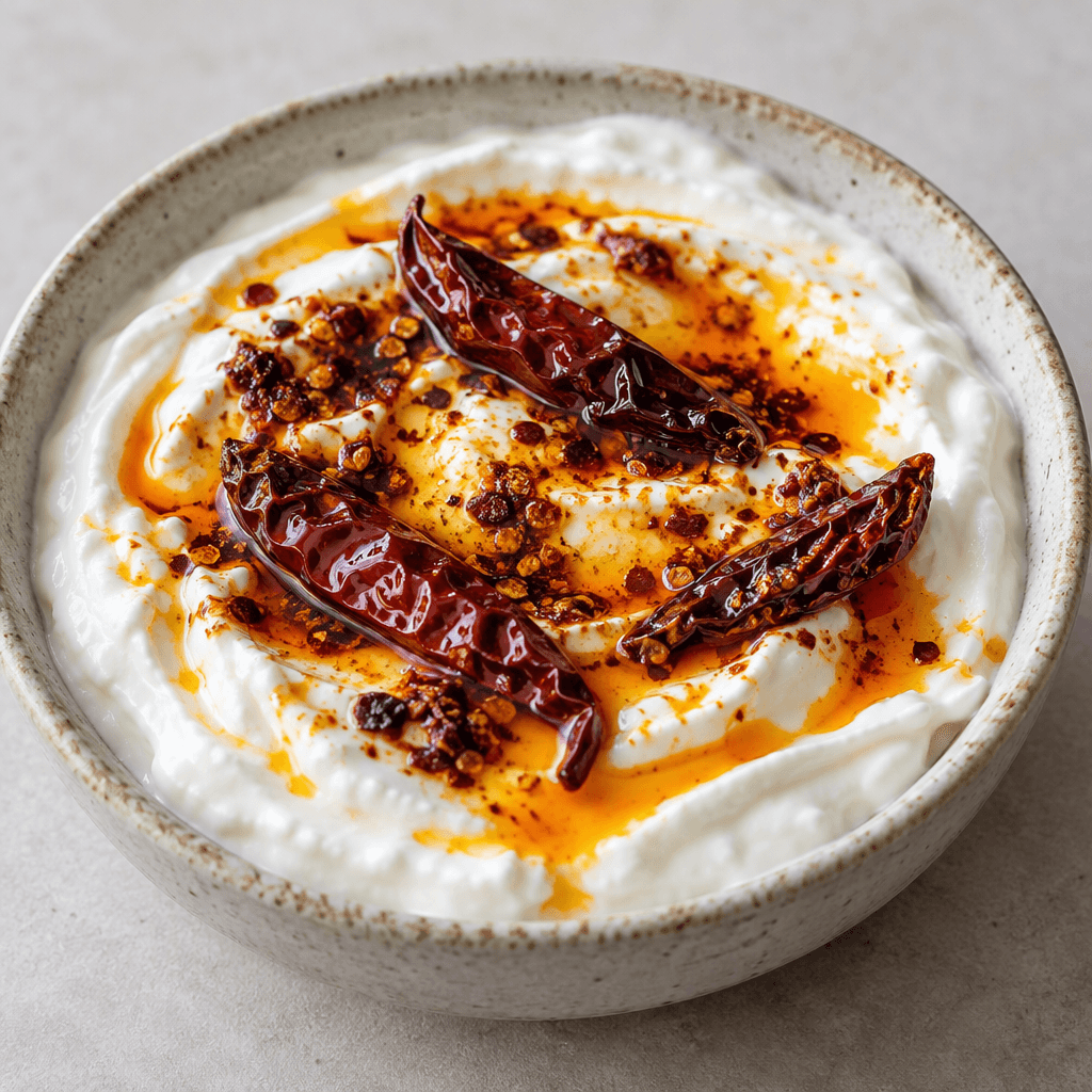 Thick white yogurt is served in a shallow bowl, topped with wrinkled red dried chilies and a glossy pool of orange-red oil.
