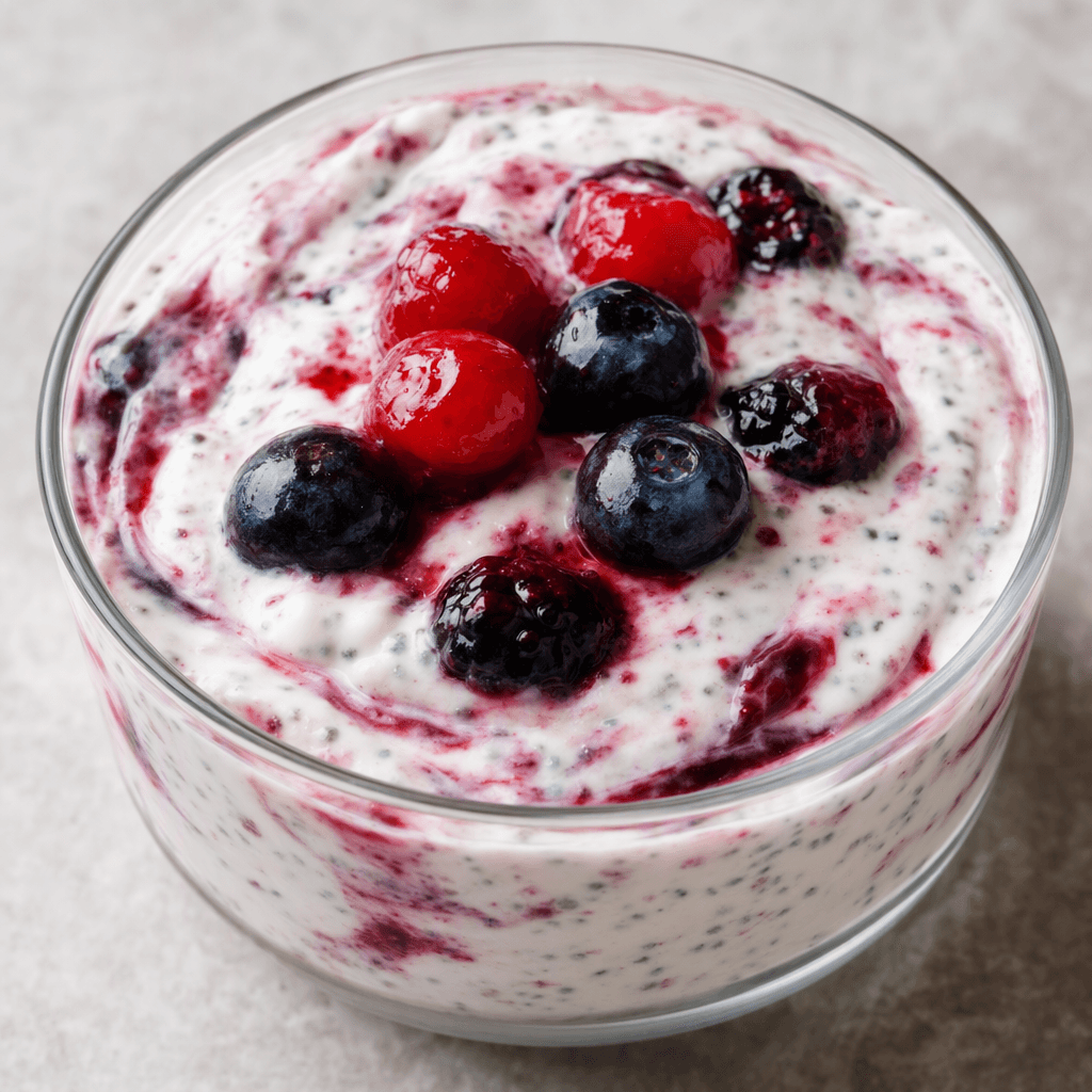Thick, creamy yogurt pudding dotted with tiny chia seeds and streaked with berry-red and deep-purple swirls, topped with a few glossy berries.