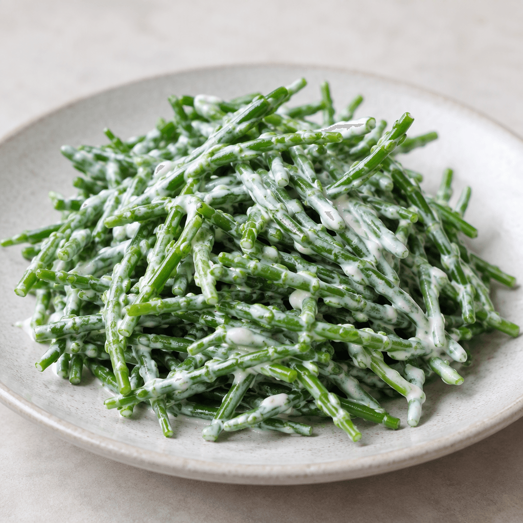 Slender, bright-green, jointed samphire stems are lightly coated in thick white yogurt and piled on a serving plate.