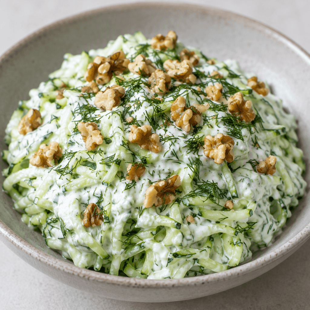 A mound of pale green grated zucchini coated in thick white yogurt, with finely chopped dill and scattered walnut pieces on top, served in a shallow bowl.