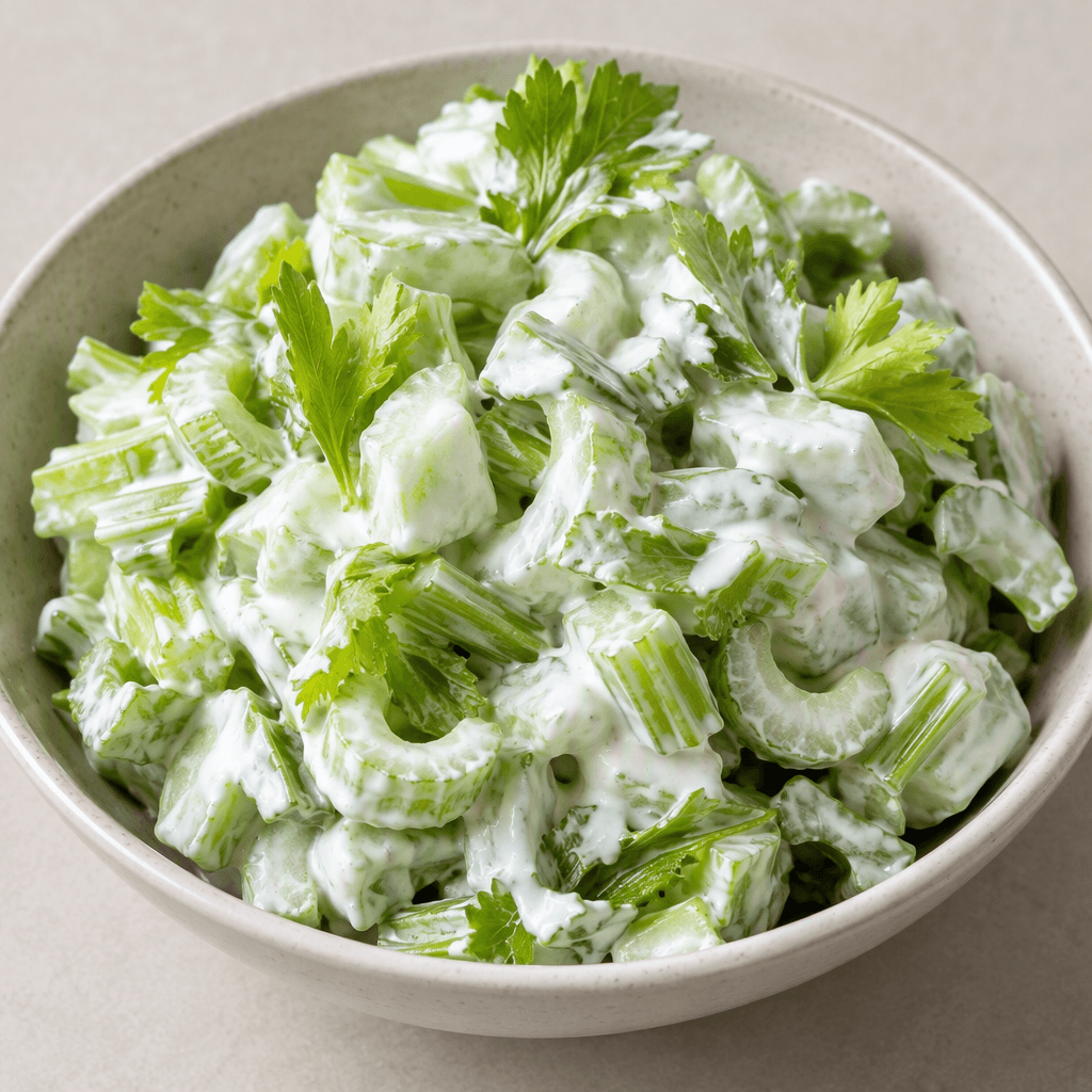 Pale green celery pieces with leafy tops are coated in thick white yogurt and served in a shallow bowl, with the green edges visible through the creamy mixture.