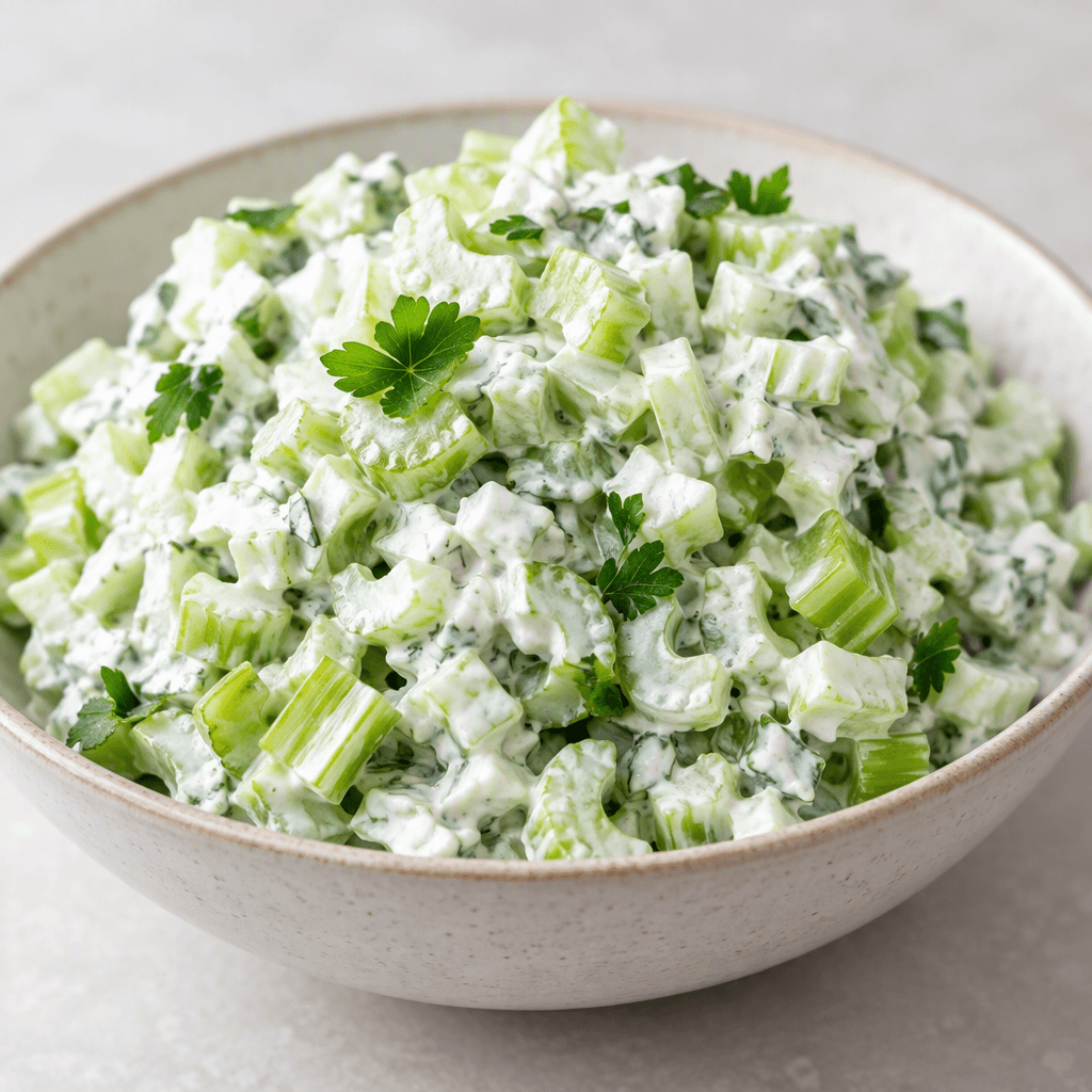 A mound of finely chopped pale-green celery coated in thick white yogurt, with crisp celery pieces and green leaves visible throughout, served in a shallow bowl.
