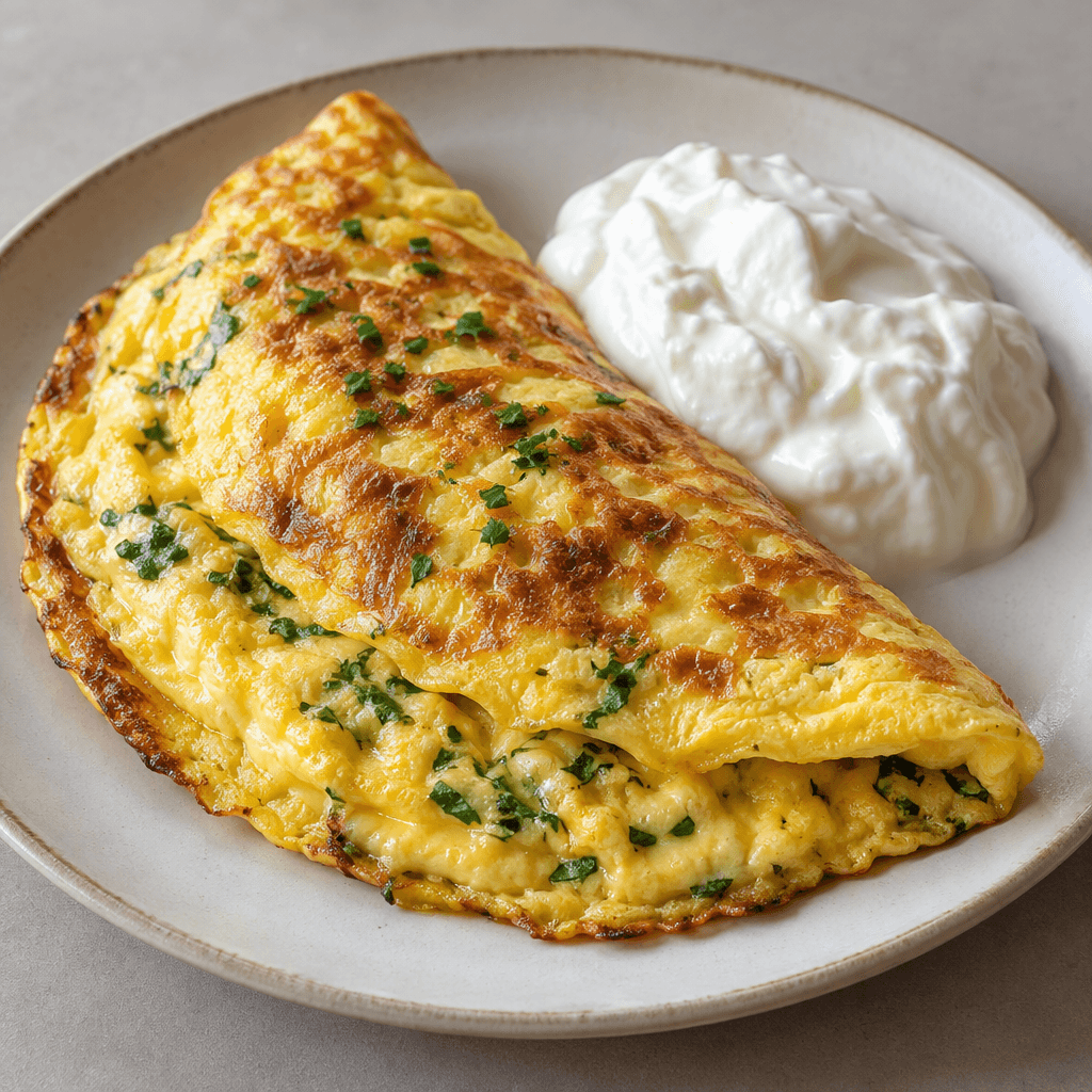 Kenarları hafifçe kızarmış, içi yumuşak altın sarısı omlet, tabağın yanında bir kaşık koyu kıvamlı beyaz yoğurtla servis edilir.