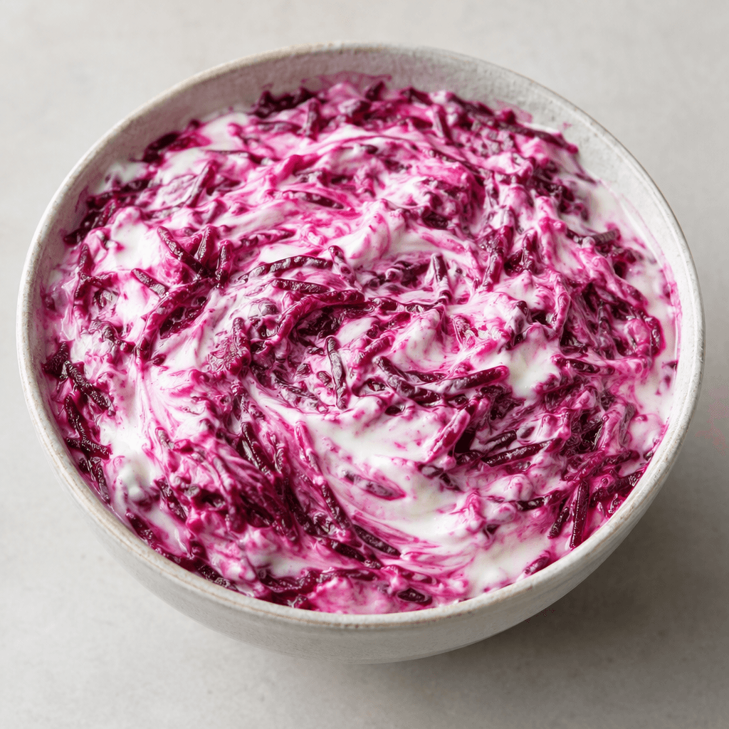 A creamy beetroot salad served in a bowl, with finely grated deep burgundy beetroot marbled through thick white yogurt and creating vivid pink-purple swirls across the surface.