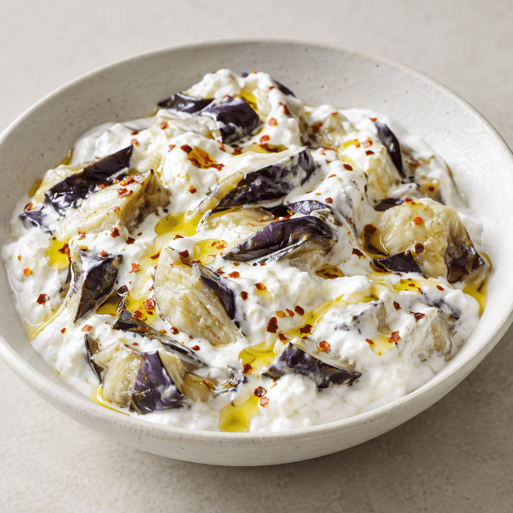 Soft, irregular pieces of purple-skinned eggplant are folded into thick white yogurt in a shallow serving dish, with a light olive-oil drizzle and a few red pepper flakes scattered over the surface.