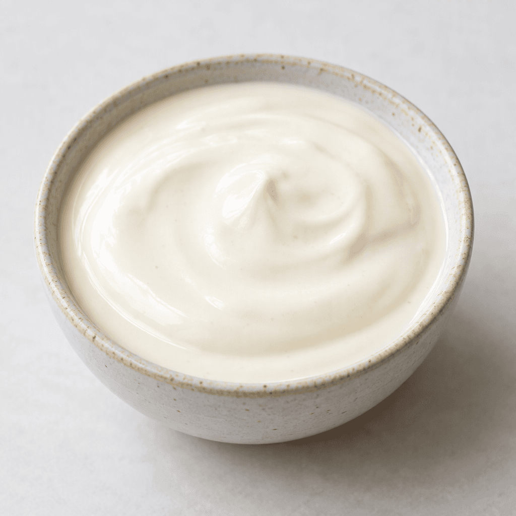 A thick, smooth, glossy white-to-ivory dressing is pooled in a small bowl, with an even creamy texture and no visible chunks.