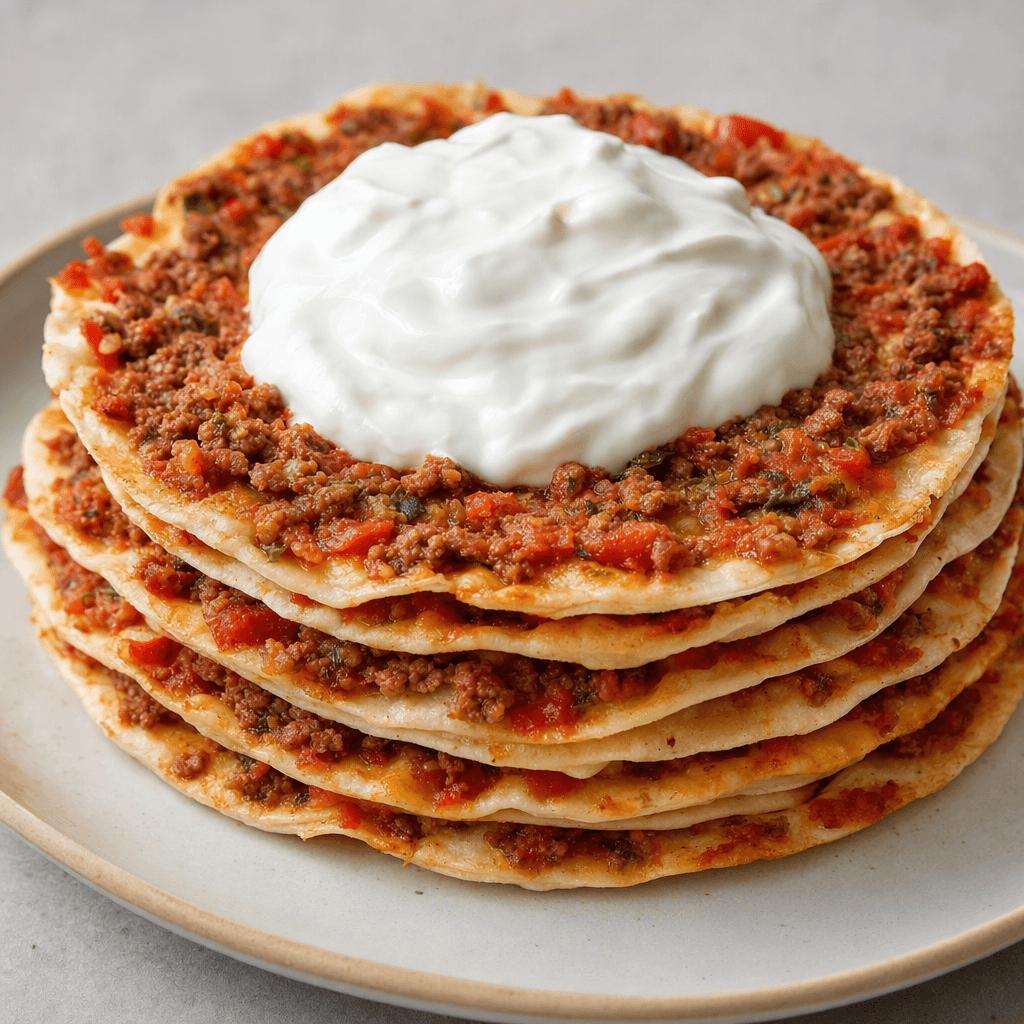 Thin, round flatbreads are stacked in layers with a reddish-brown minced-meat and tomato mixture spread between them, and the stack is topped with a generous dollop of thick white yogurt and served on a plate.