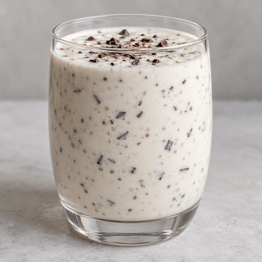 A pale creamy-white, smooth, pourable yogurt drink dotted with small dark chocolate flakes, served in a clear glass.