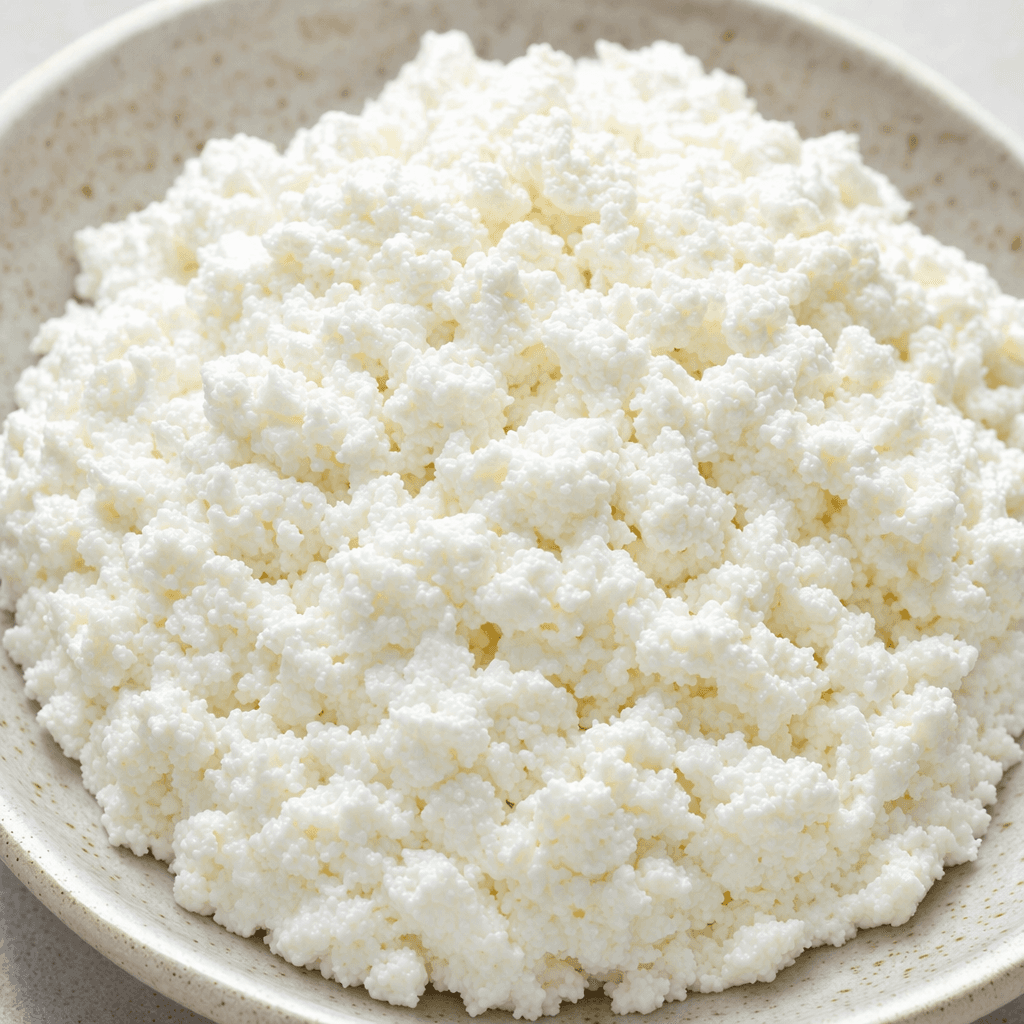 Moist, bright-white fresh curd cheese sits in a soft mound, with small irregular curds and a slightly crumbly texture.