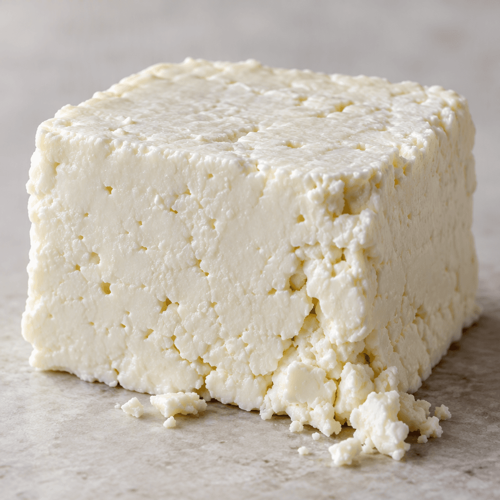 A compact, ivory-white block of cheese with a softly moist, matte surface, fine pores, and edges that crumble slightly.