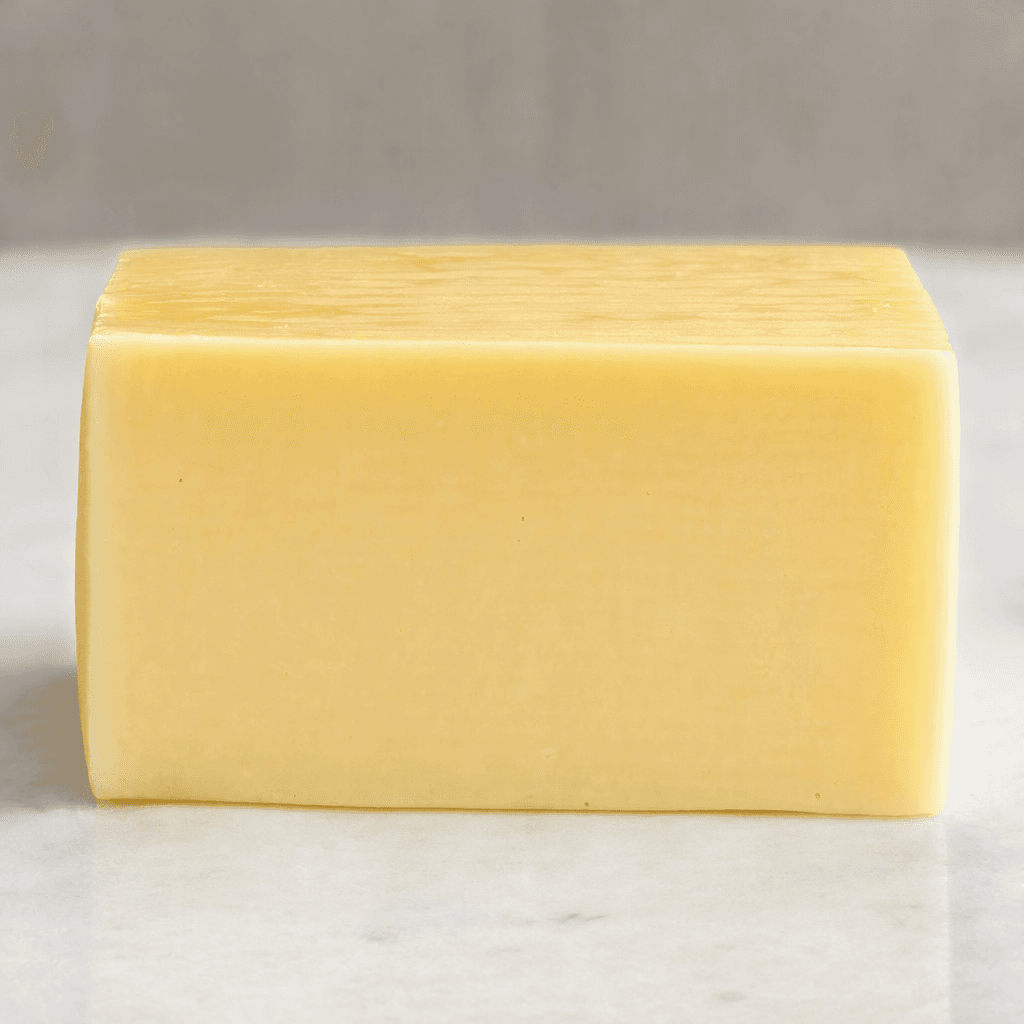 A smooth, pale straw-yellow cheese with a dense, even texture, shaped into a neat rectangular block with a slight sheen.