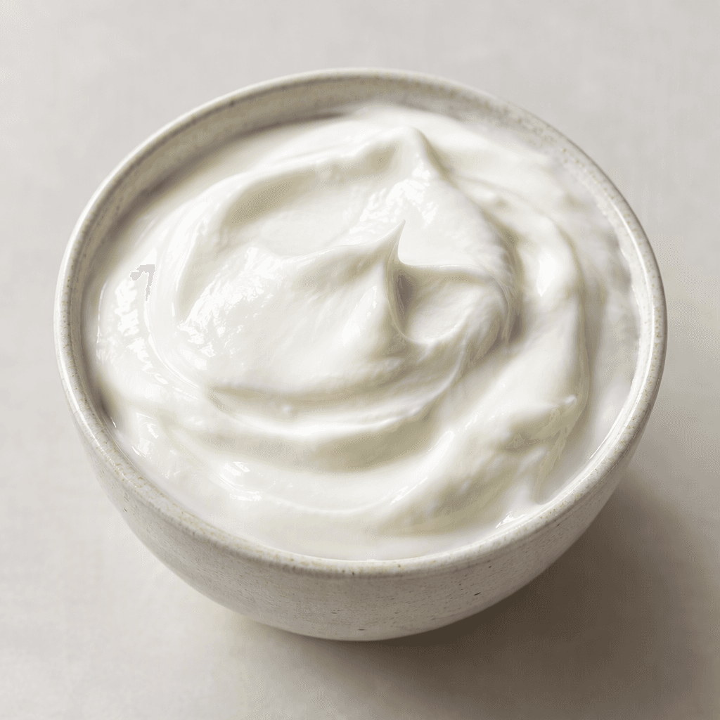 Smooth, glossy white yogurt with a thick, creamy texture, served in a small bowl.