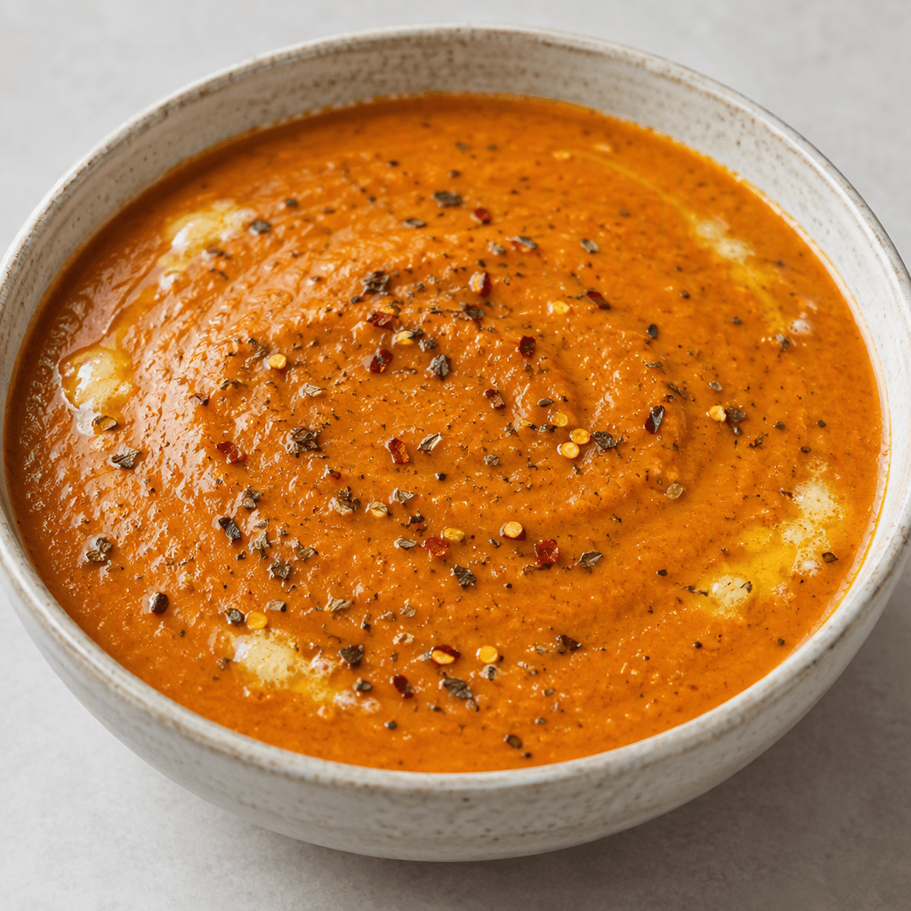 A thick, smooth rust-orange soup fills a shallow bowl, with tiny flecks of dried herbs and red pepper visible on the surface and a few glistening spots of melted butter around the edges.