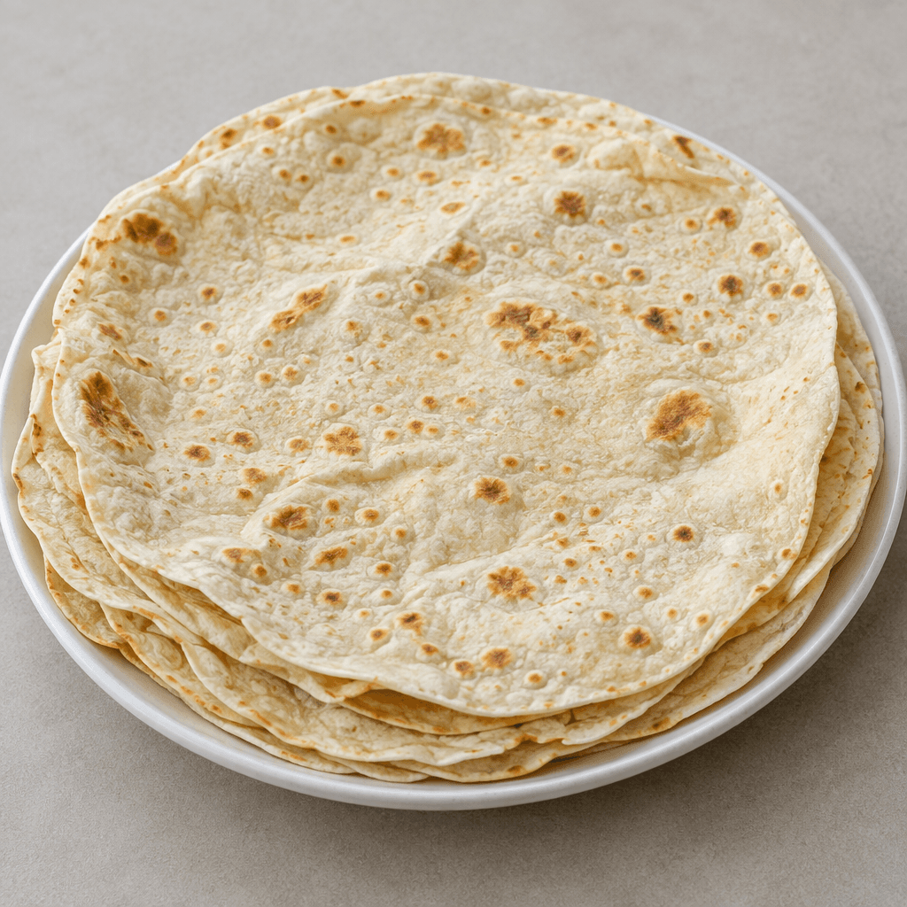 Large, very thin round sheets of pale cream flatbread with scattered toasted brown spots, slightly wrinkled edges, and a soft, flexible appearance, stacked loosely on a plate.
