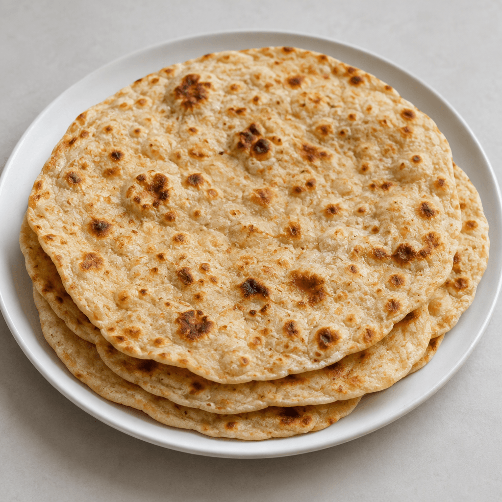 Round, thin flatbreads with softly irregular edges, a pale golden surface scattered with darker toasted spots, and a lightly bubbled texture, stacked and slightly overlapping on a plain plate.