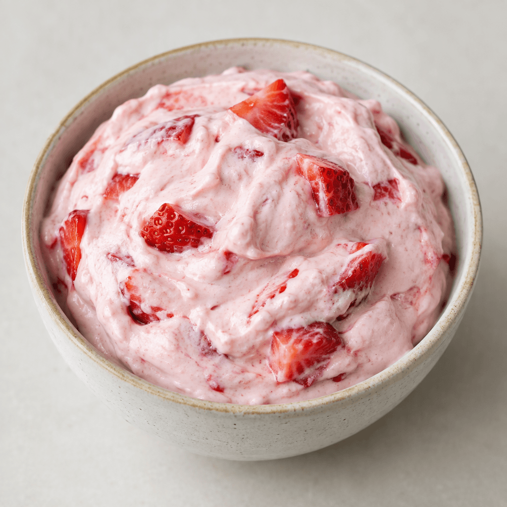 Thick, smooth, pale-pink strawberry quark sits in a small bowl, with bright red strawberry pieces and streaks visible throughout.
