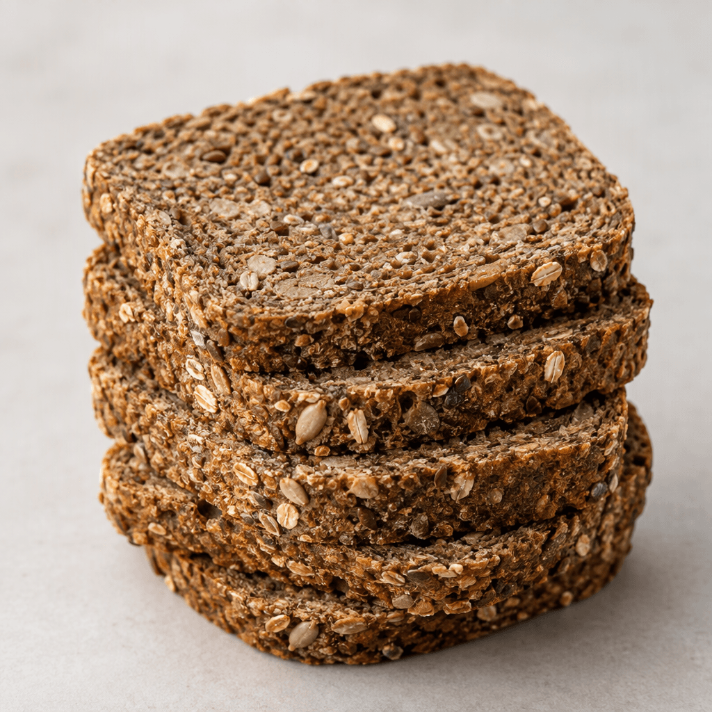 Slices of compact, hearty brown bread with a close-textured crumb and visible seeds and grains, arranged in a small stack.