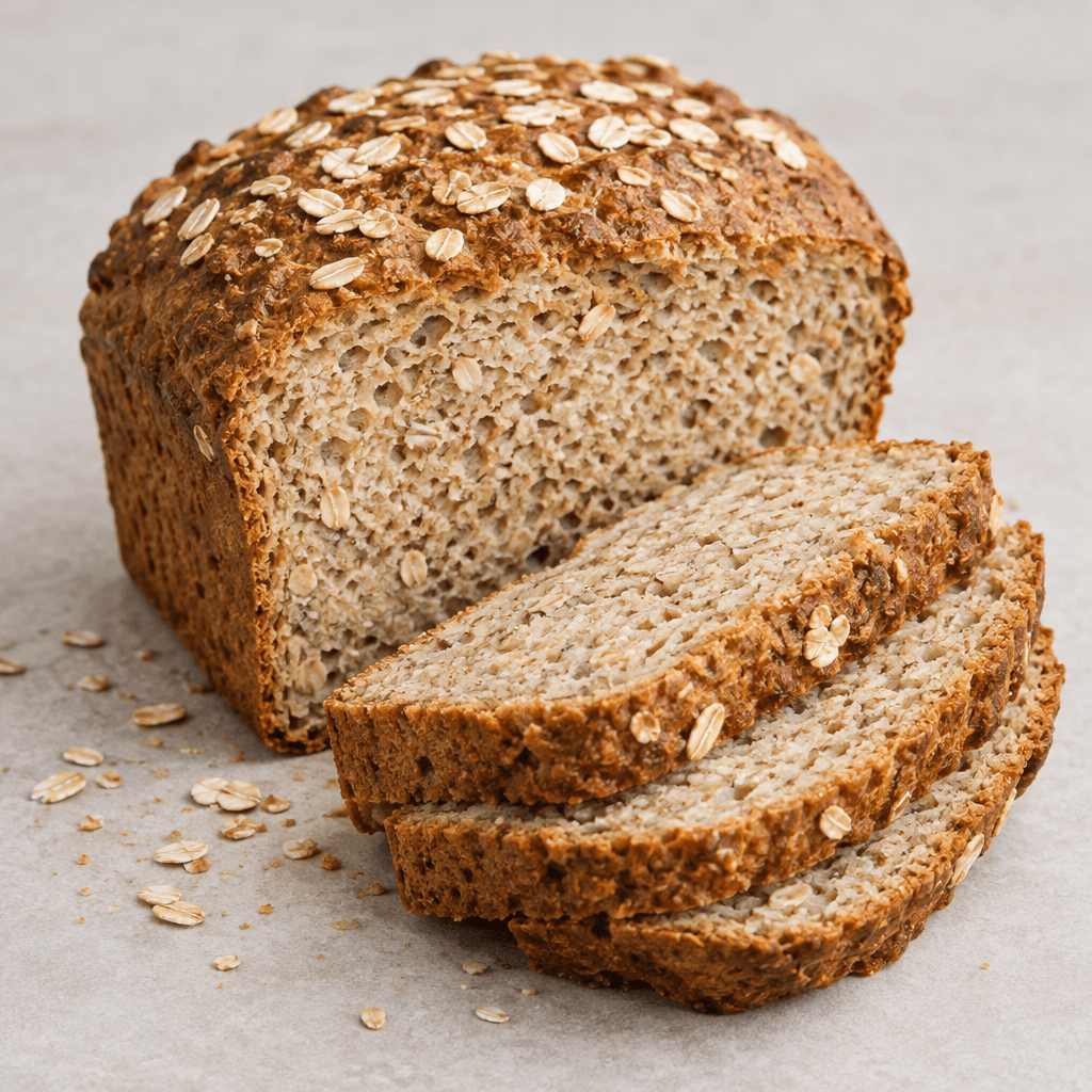 A rustic, rectangular loaf of oat bread with a medium-brown crust, a dense pale beige crumb flecked with visible oat grains, and a few oat flakes scattered across the top, shown whole beside several thick slices.
