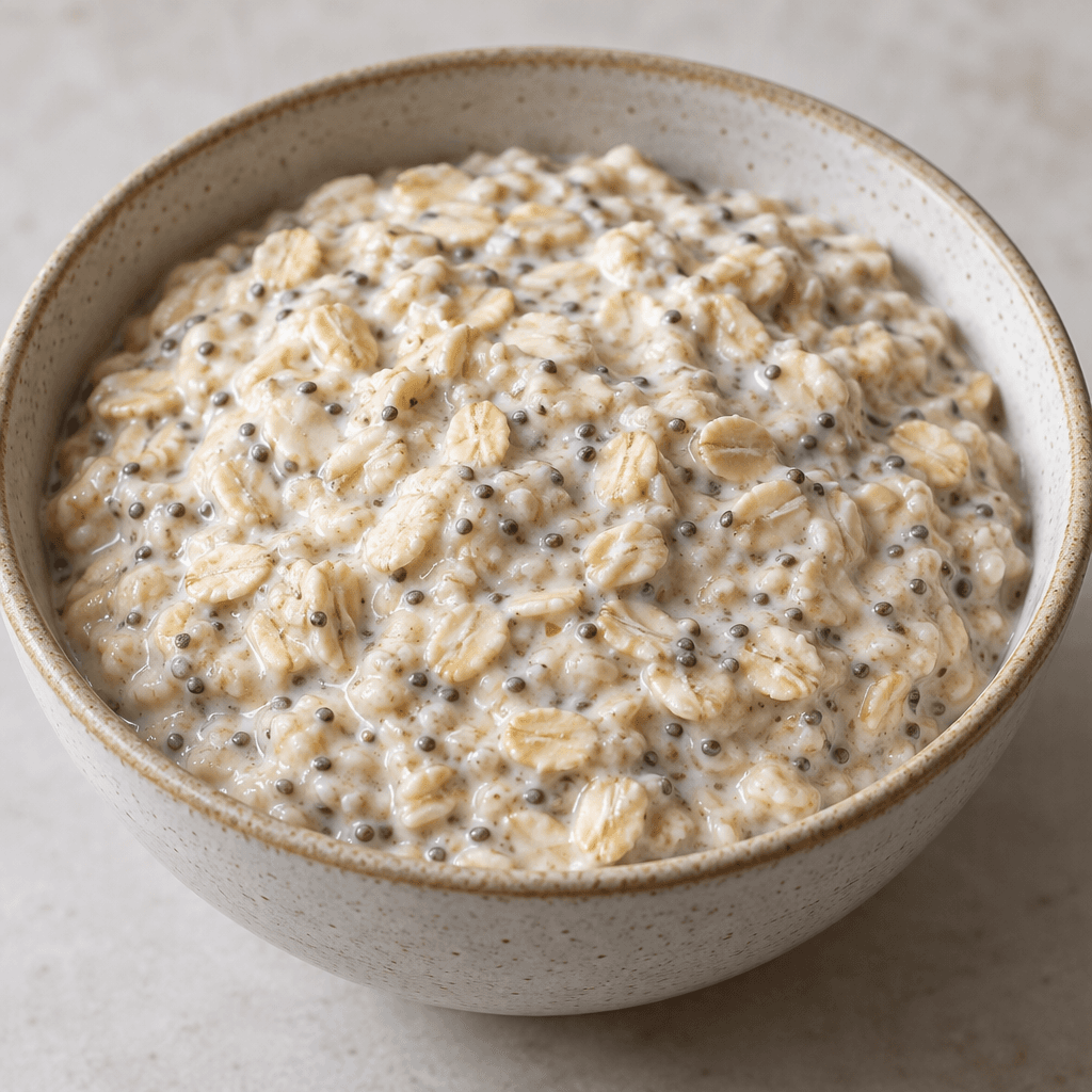 Bir kâsede sunulan, içinde yulaf ezmeleri ve minik koyu renkli chia tohumları görünen, koyu kıvamlı açık bej bir puding.