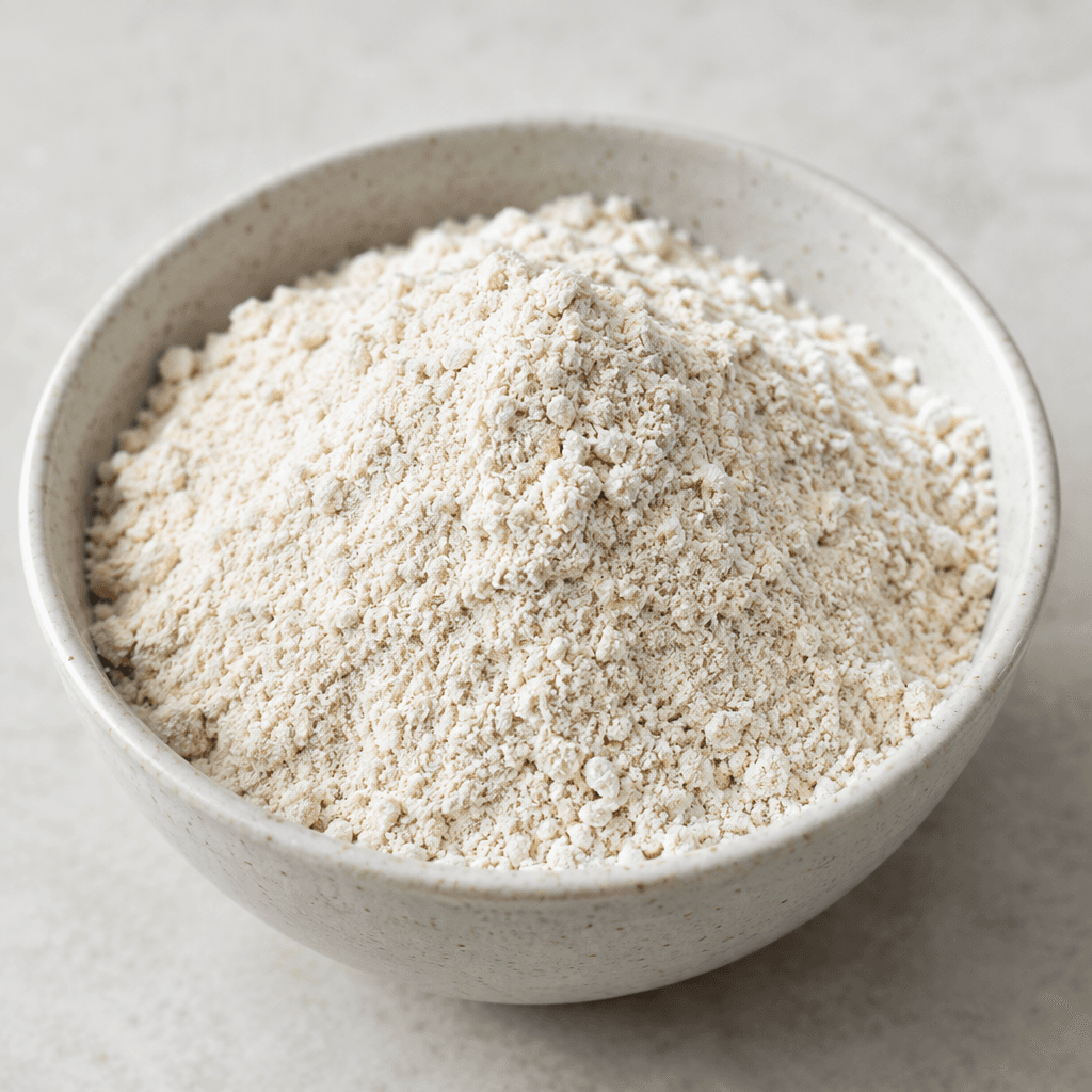 A loose mound of finely ground oatmeal with a pale cream-beige colour and a soft, powdery, flour-like texture, shown in a simple bowl.