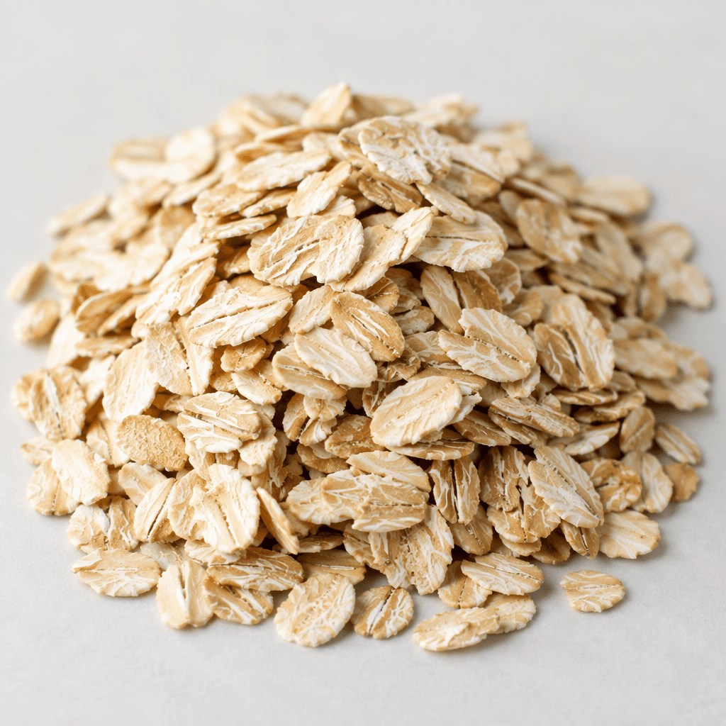Loose, dry rolled oats appear as pale beige to cream-colored, thin, flattened oval flakes with gently curled edges and a slightly rough, papery surface, scattered in a small mound.