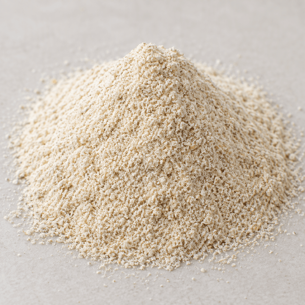 Finely ground oats appear as a loose mound of pale beige, softly textured powder with tiny oat particles visible across the surface.