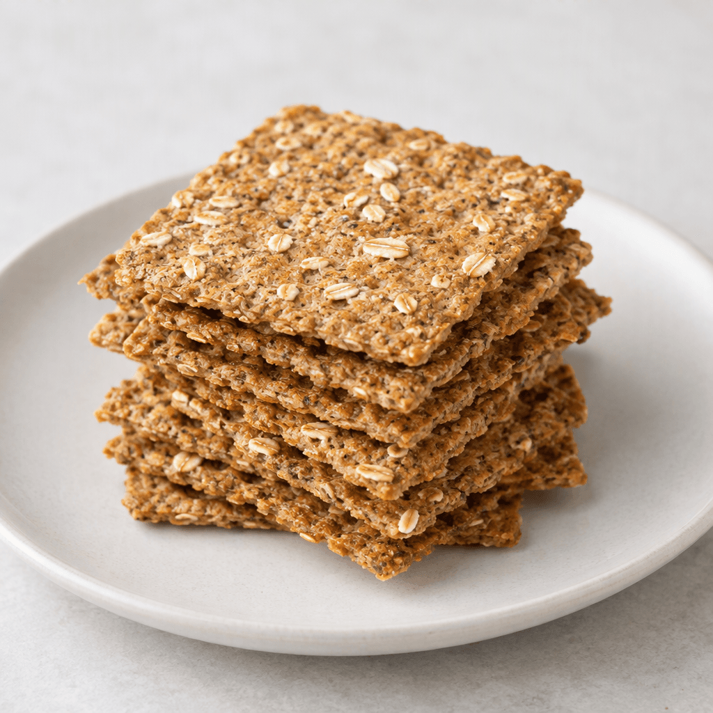 Thin, crisp, golden-brown oat crackers with a rough, lightly speckled surface and visible oat flakes are stacked on a plain plate.