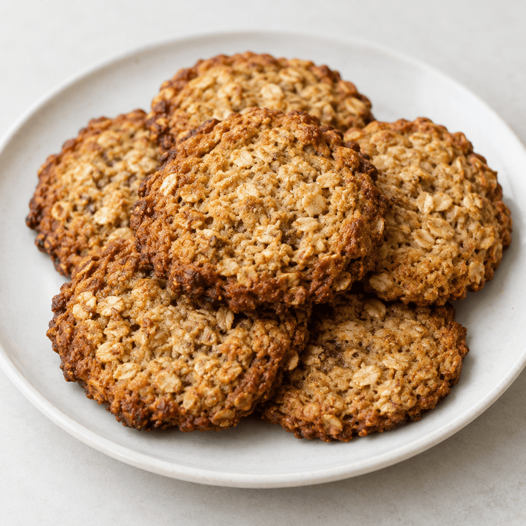 Several round, slightly irregular oat cookies with golden-brown surfaces, visible oat flakes, and darker, crisp-looking edges are arranged on a plate.