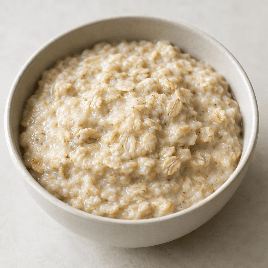 A bowl of thick, creamy oatmeal with a pale beige color and a soft, slightly lumpy surface made up of visible oat flakes.