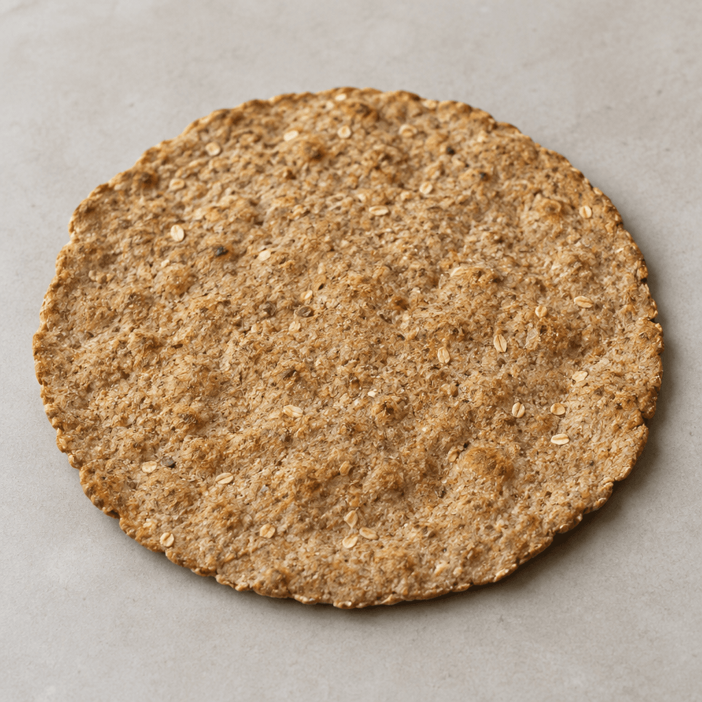 A thin, round, rustic flatbread with a matte tan-brown surface, fine oat flecks, and slightly uneven edges, resting flat on a plain surface.