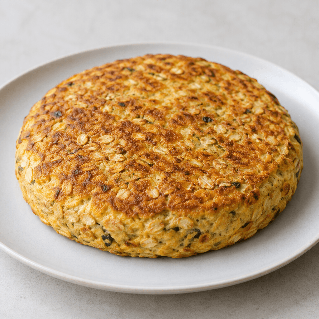 A thick, round oat omelette with a golden-brown, lightly textured surface and visible oat flakes, served whole on a plate.
