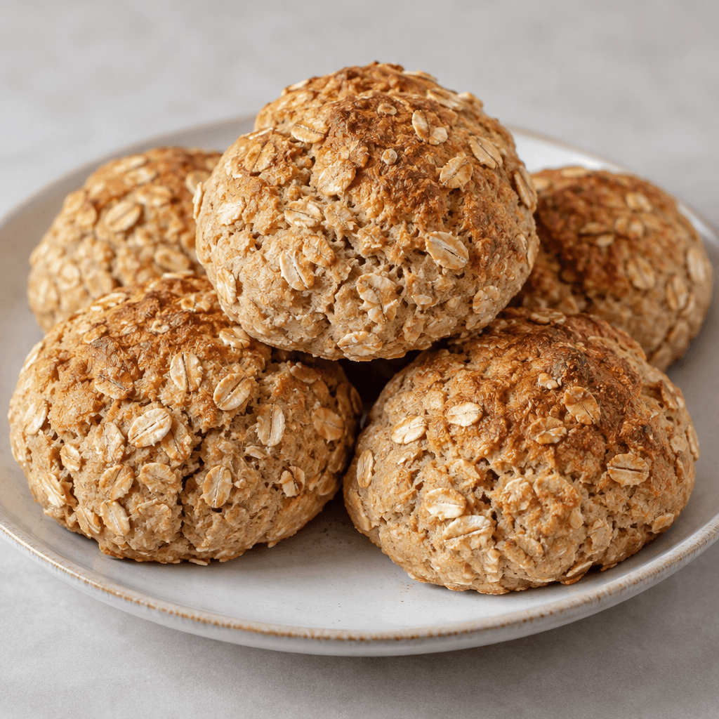 Small, round oat-dough buns with lightly browned, matte tops and a coarse texture flecked with visible oat flakes, arranged on a plate.