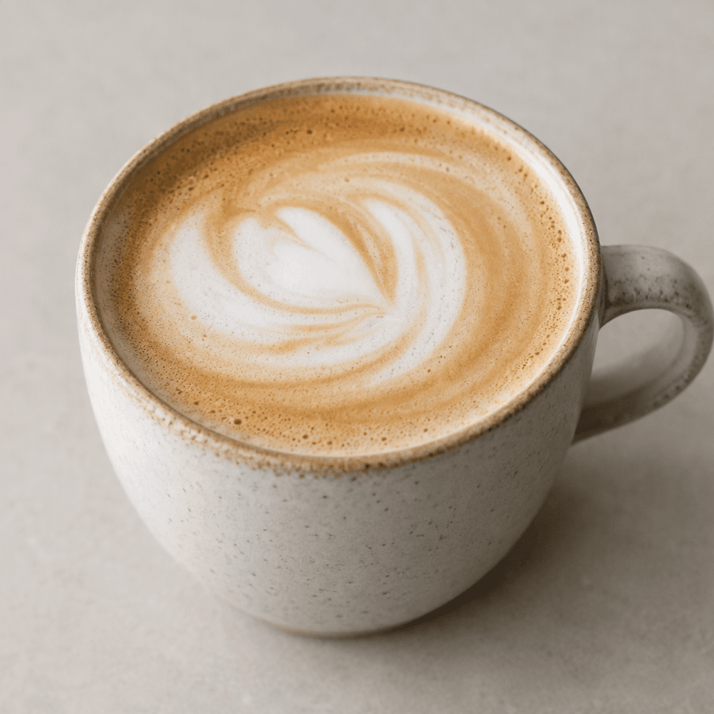 A pale caramel-brown oat milk latte fills a ceramic cup, topped with a thin layer of creamy foam and a soft white swirl.