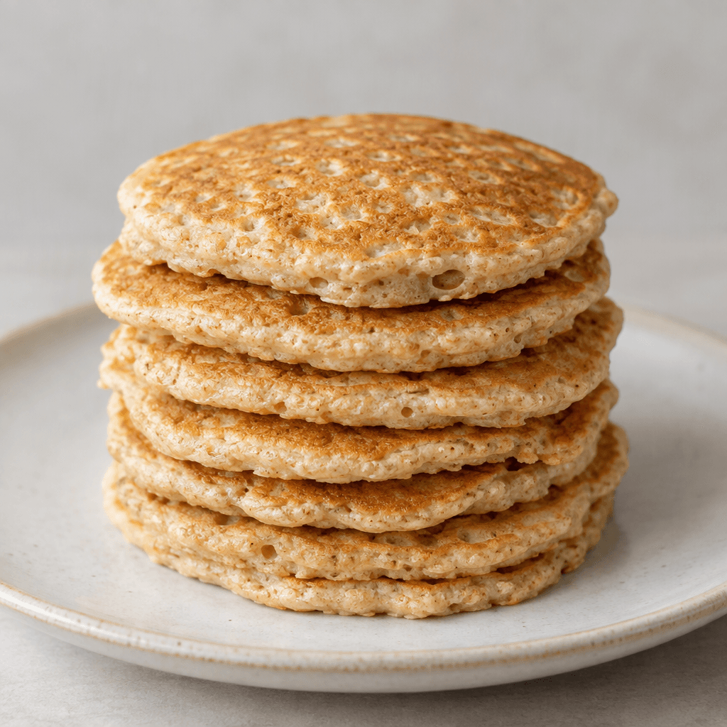 A stack of small, round oat-flour pancakes with softly uneven edges, a warm golden-beige colour, and a slightly porous, tender-looking surface, served plain on a plate.