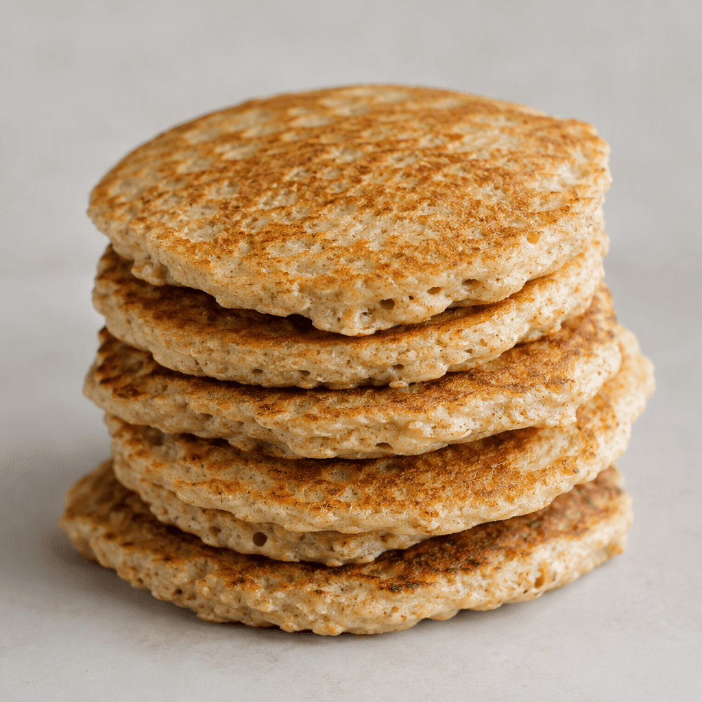 A stack of small, round oat-flour pancakes with lightly irregular edges, a warm beige-golden surface, and a soft, porous texture visible along the sides.