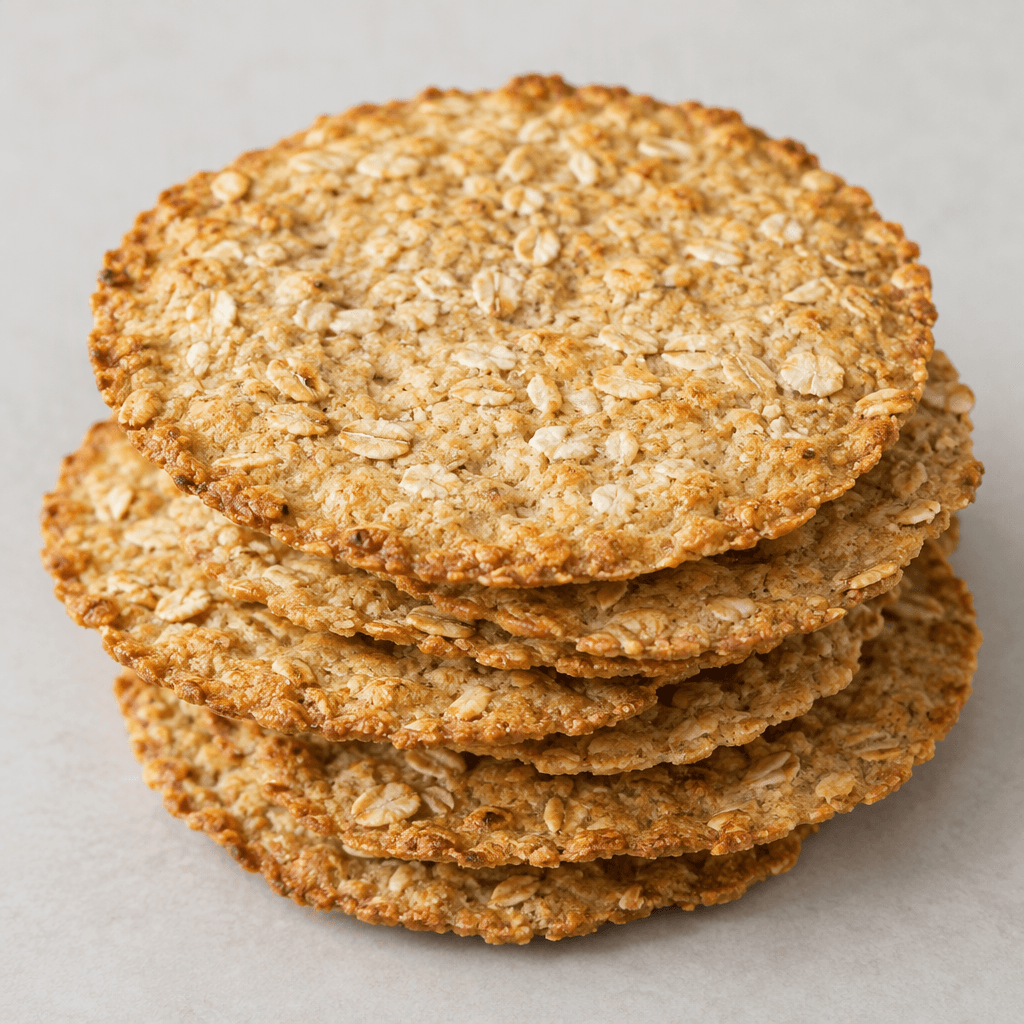 Thin, flat oat crackers with a warm golden-beige surface, lightly browned edges, and visible oat flakes, arranged in a small overlapping stack.