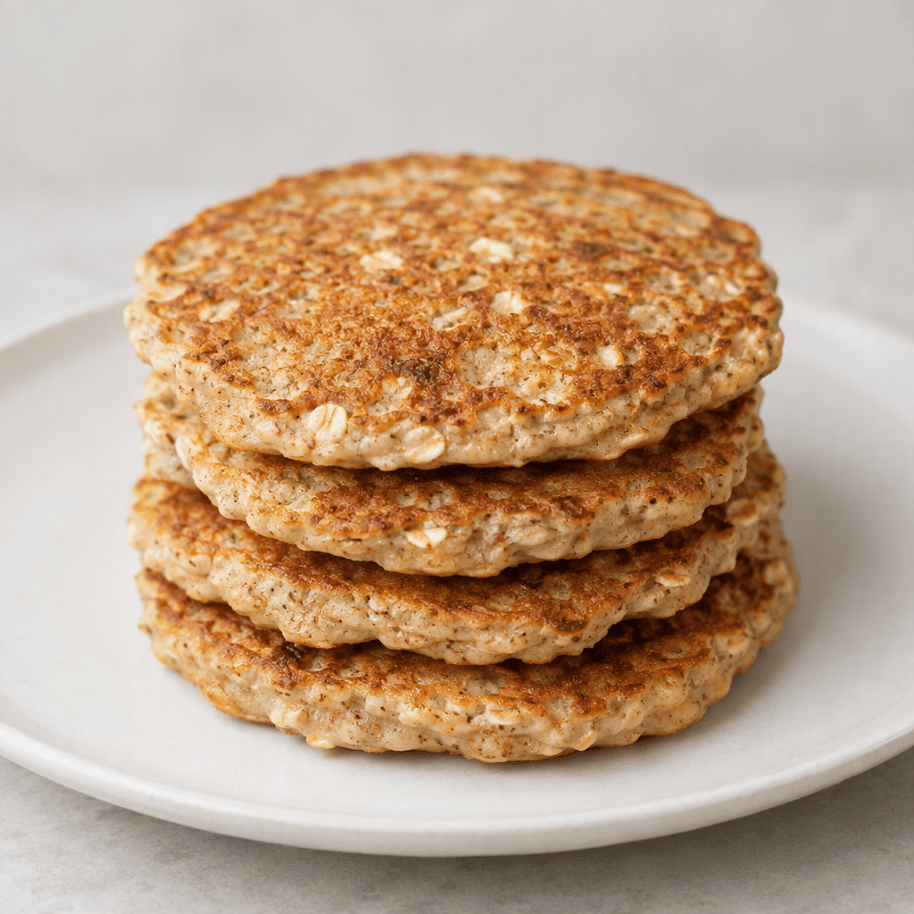 A small stack of round oat pancakes with softly uneven edges, golden-brown surfaces, and visible oat flecks, served on a plain plate.